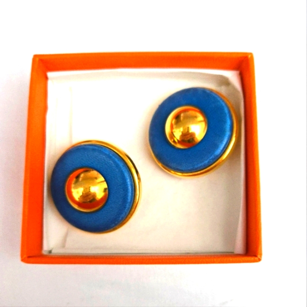 HERMES Leather Gold Tone Clip-on Earrings Excellent - Picture 2 of 9